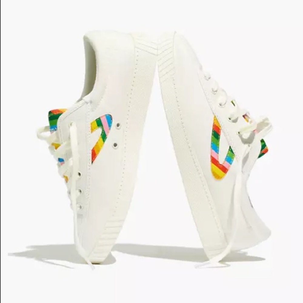 White tretorn sneakers with rainbow accents
